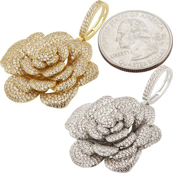 14k Yellow/White Gold Plated AAA Cubic Zirconia Rose Pendant